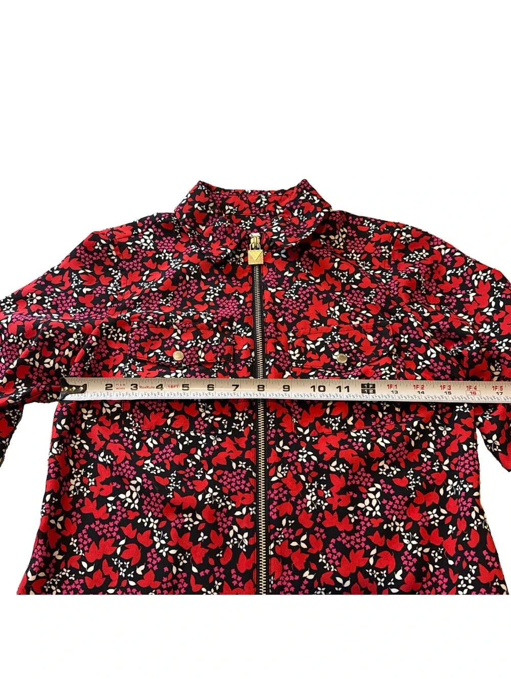 Michael Kors Floral Red Roll-Tab Long Sleeve Zipper Blouse Silver Hardware XXS